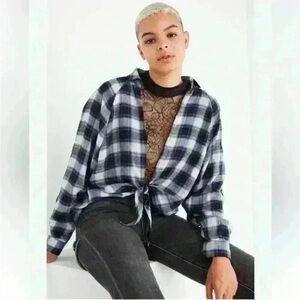 BDG Checkered Tie-Front Top in Black and Blue